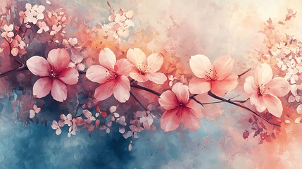 Stunning Watercolor Painting of Delicate Pink Cherry Blossoms on Branch
