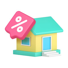 Colorful house with green roof and blue door topped with a pink percent sign, symbolizing mortgage, real estate, or home financing. 3d icon realistic vector illustration.