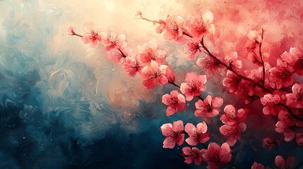 Vibrant Pink Cherry Blossoms Spring Floral Painting Artistic Impressionist Style Artwork