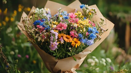 Vibrant Summer Wildflower Bouquet Wrapped in Kraft Paper Colorful Floral Arrangement Garden Flowers