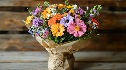 Vibrant Wildflower Bouquet in Rustic Brown Paper Wrapping Summer Floral Arrangement Colorful Flowers
