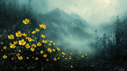 Misty Mountain Landscape with Vibrant Yellow Wildflowers in Bloom