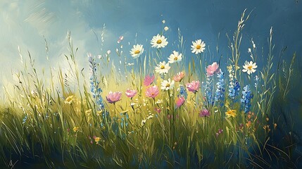 Vibrant Wildflower Meadow Painting Daisies Cosmos Delphiniums in Sunny Summer Field