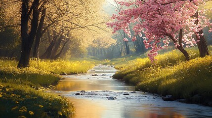 Serene Spring Stream Pink Cherry Blossoms and Yellow Wildflowers along a Peaceful River in a Lush
