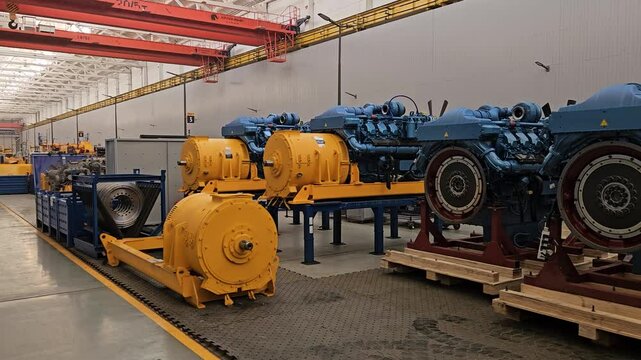 ZHODINO - MAR 28, 2025: A large blue engine is on display in a factory. The engine is surrounded by other engines and is on a wooden platform