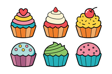 Set of hand drawn cupcake isolated on white background