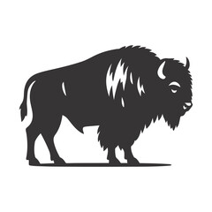Black vector silhouette of standing bison for prairie wildlife clipart and large mammal nature art