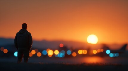 Serene Military Airfield Scene with Lone Figure at Sunset