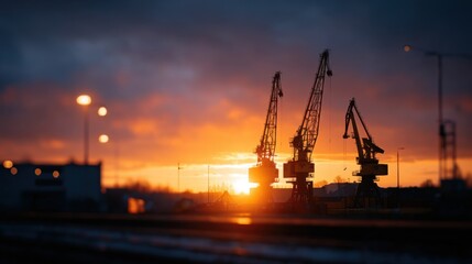 Dusk at Shipping Dock with Towering Cranes and Vibrant Sunset