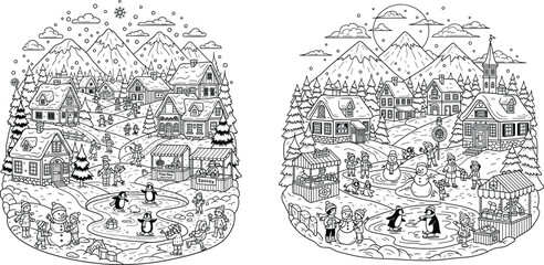 Fototapeta premium Winter village illustration with children playing, skating penguins, and snowy mountain landscape