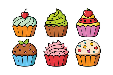 Set of hand drawn cupcake isolated on white background