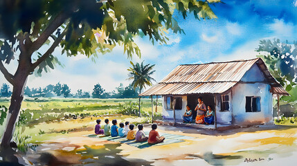 Watercolor painting of a rural indian school showing children learning outdoors with teacher and nature in background
