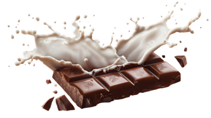 Dark chocolate bar icon with chocolate and milk cream splashing isolated on a white background