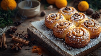 Freshly baked cinnamon rolls, generously glazed and topped with nuts, rest on a rustic wooden table surrounded by autumnal spices and decorative pumpkins