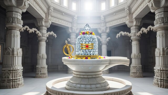 A Shiva Linga crafted from polished crystal, in a ancient temple interior made of white marble