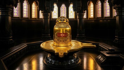 A Shiva Linga crafted from polished gold with intricate filigree, in an ancient temple 