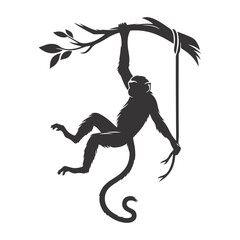 Swinging monkey silhouette black vector for jungle wildlife and fun motion nature designs