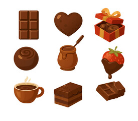 Vector icons of various chocolate treats chocolate bar, heart-shaped chocolate, chocolate gift box, chocolate covered strawberry, chocolate drink, and mor