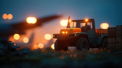 Airmen Operating Forklift at Twilight Airbase Scene