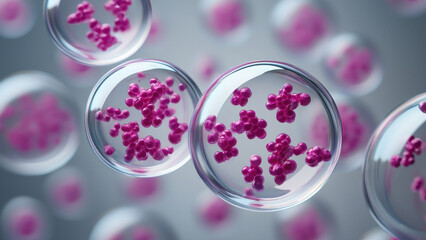 Pink exosome vesicles suspended in serum microdroplets for cosmetic skin delivery, bioactive ingredients, peptides, collagen, skincare technology, pharmaceutical research, biotechnology, nanoscience, 