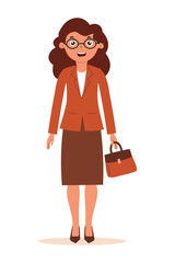 Business lady in professional clothes smiling confidently with handbag demonstrating modern office style in bright working environment. Flat style girl character isolated on white background.