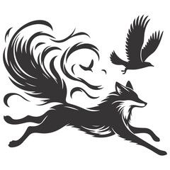 Black vector silhouette of leaping fox for woodland wildlife clipart and fast predator art