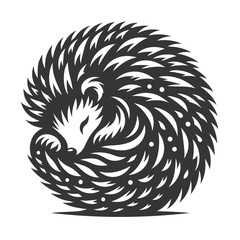 Black vector silhouette of curled hedgehog for forest wildlife clipart and cute small animal art