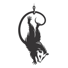 Black vector silhouette of hanging opossum for nocturnal wildlife clipart and unique animal art