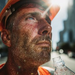 Construction worker taking a water break on a hot street during a heatwave, extreme close-up, cinematic style