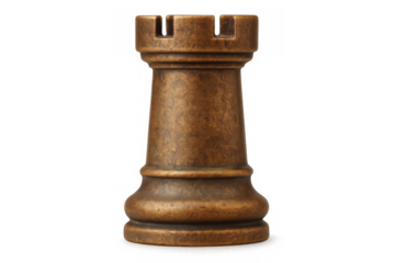 Bronze rook chess piece towering against transparent surface, symbolizing strategic gameplay and tactical power in competitive chess