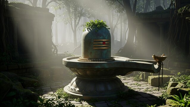 A Shiva Linga crafted from bronze in a temple courtyard in a dense, misty rainforest at dawn