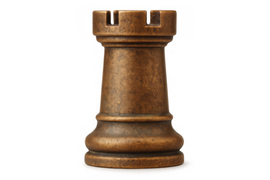 Bronze rook chess piece towering against transparent surface, symbolizing strategic gameplay and tactical power in competitive chess