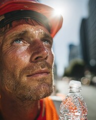 Construction worker taking a water break on a hot street during a heatwave, extreme close-up, cinematic style