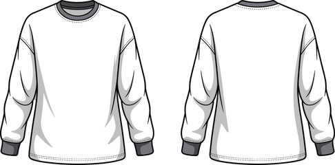 Sweatshirt, front, back, flat, vector, illustration, crewneck, pullover, long sleeve, ribbed cuffs, technical, fashion, template, garment, sketch, casual, unisex, detailed, cad, drawing