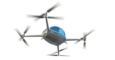 Smart model of flying taxi isolated on transparent background. Bottom view of vehicle lifting off. Automated aerial transportation concept. 3D illustration © Orange Dragon Studio