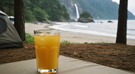 tumbler of tropical juice with ice, placed on a traditional cloth-covered table, camping area with pine trees