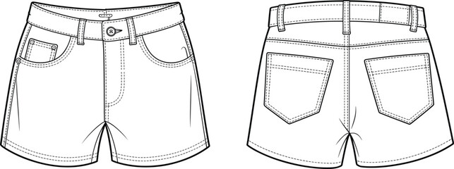 Shorts, cad, vector, flat, front, back, fashion, sketch, drawing, denim, illustration, template, clothing, technical, mockup, casual, summer, unisex, style, apparel