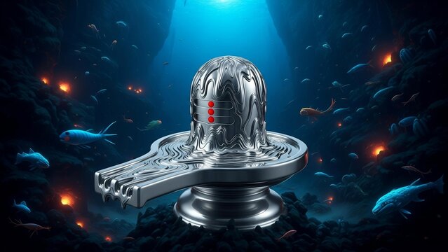 A silver Shiva Linga crafted from liquid mercury in a deep, dark oceanic trench with bioluminescent creatures
