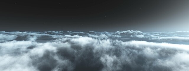 Cloudscape, panorama of clouds, flight over clouds, 3d rendering
