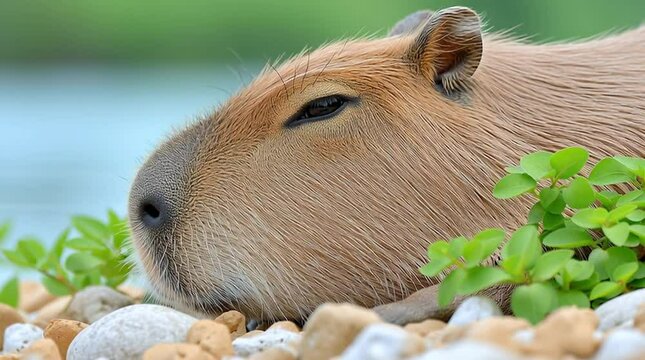 Capybara resting peacefully riverbank surrounded by green plants and smooth stones close up showing soft fur calm animal natural serene environment nature rodent close up animal fur stone plant