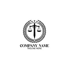 Elegant Justice Emblem: A minimalist logo featuring the scales of justice intertwined with a sword, encircled by a laurel wreath, symbolizing law, fairness, and victory.