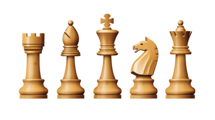 realistic wooden chess set mockup, top view with pieces arranged, isolated on transparent background
