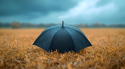 A solitary black umbrella sits open in a golden field under a dramatic, stormy sky, capturing a mood of quiet solitude and protection from the elements