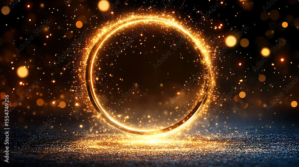 Poster golden circle glittering particle background with shimmering floor and bokeh lights ideal for festiv