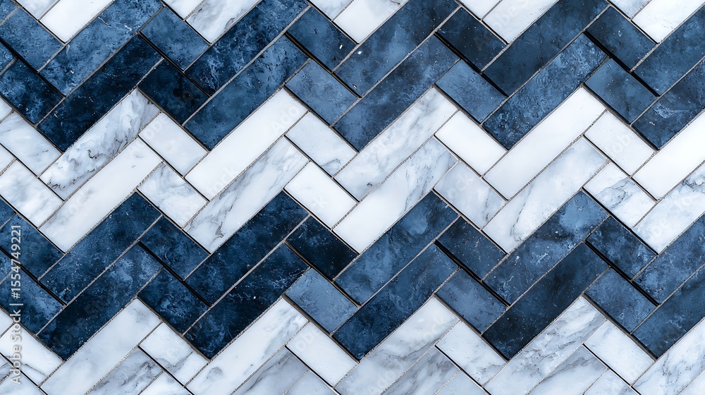Poster blue and white marble tiles arranged in a herringbone pattern creating a stylish and textured wall s