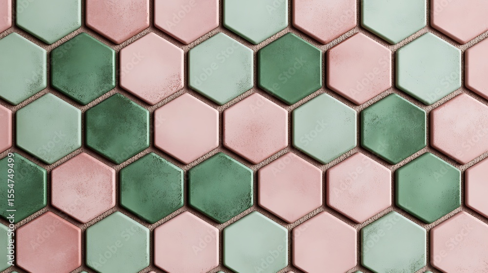 Poster a close-up view of hexagonal tiles in pastel pink and green colors arranged in a honeycomb pattern.