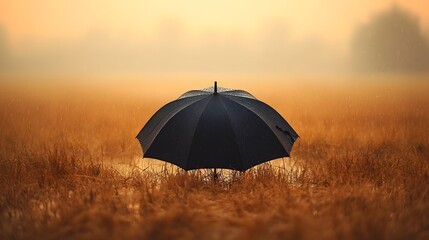 A solitary black umbrella sits open in a golden field under a dramatic, stormy sky, capturing a mood of quiet solitude and protection from the elements