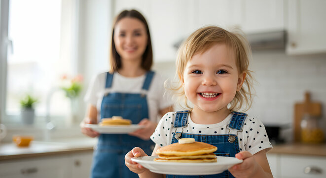 Happy toddler girl enjoys delicious pancakes with mom in kitchen Happy family breakfast time