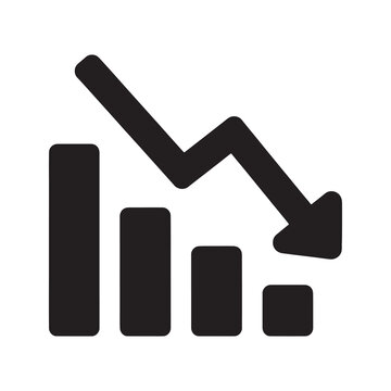 Financial loss icon with a descending bar chart and arrow representing recession business failure stock market crash and economic decrease vector solid glyph icon