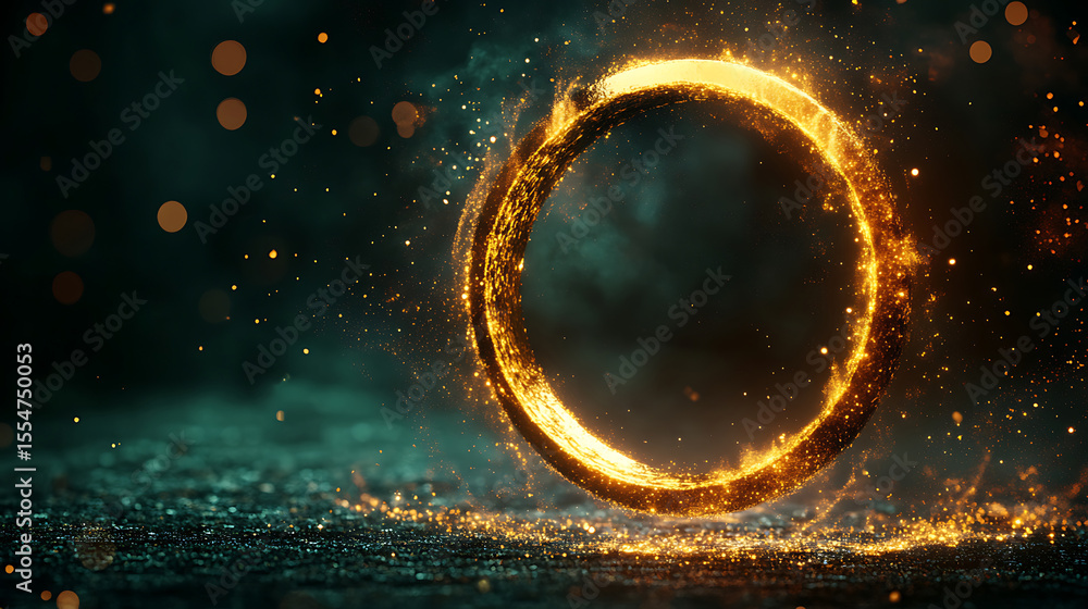 Poster golden circular portal with sparkling particles on a dark background creating an energetic and mysti